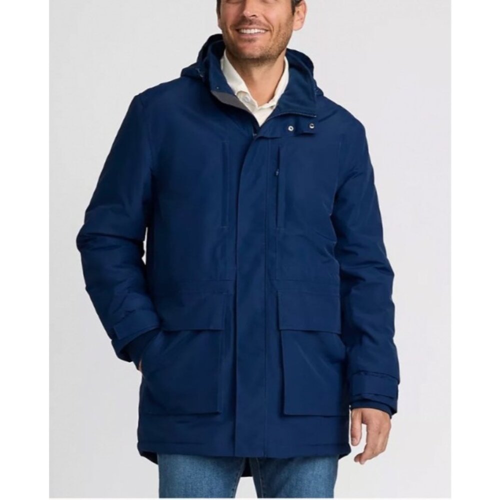 Lands End Jacket Mens XL Squall Waterproof Insulated Parka Navy Blue Hooded Coat